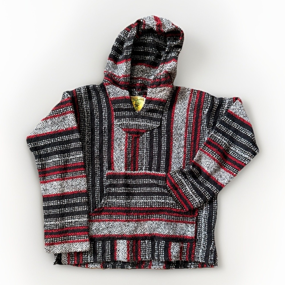 Iguana Jack Hoodie Kid's Small Red Gray Drug Rug Blanket Baja Pullover Sweater